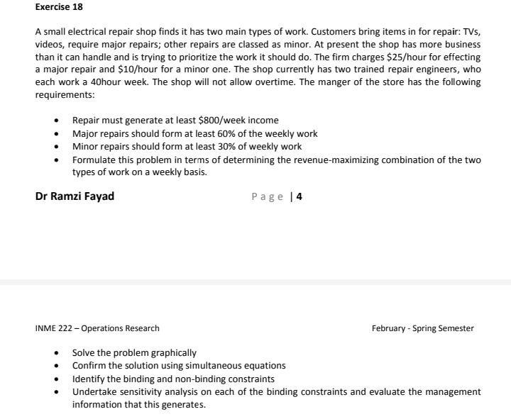 Solved Exercise 18 A small electrical repair shop finds it