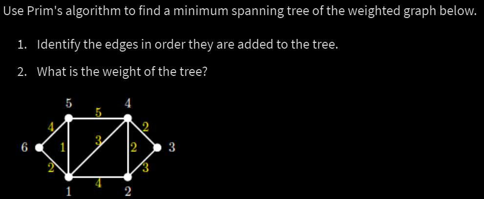 Solved Use Prim's algorithm to find a minimum spanning tree | Chegg.com