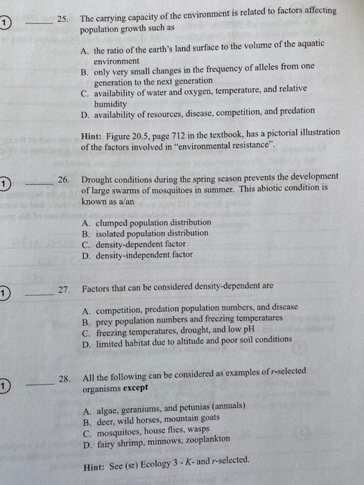 Solved 1 - 25. The carrying capacity of the environment is | Chegg.com