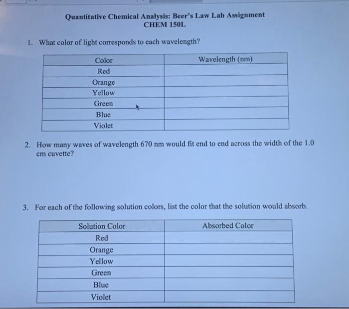Solved Quantitative Chemical Analysis Beer's Law Lab