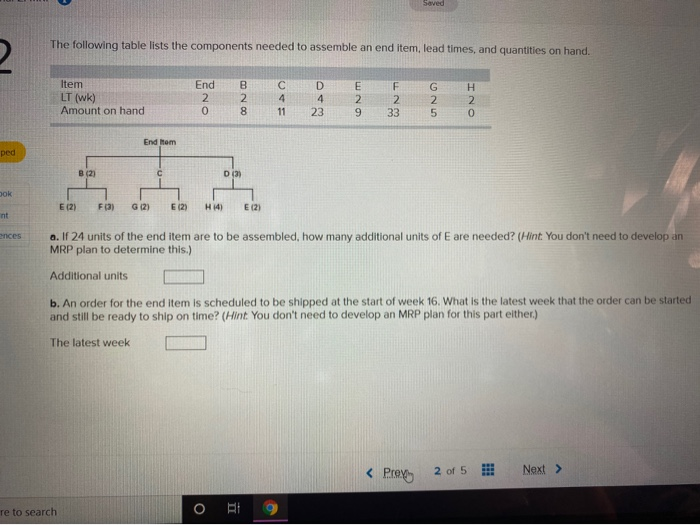 Solved The following table lists the components needed to