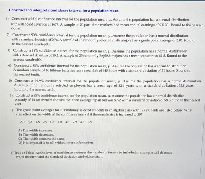 Solved Construct and interpret a confidence interval for a | Chegg.com
