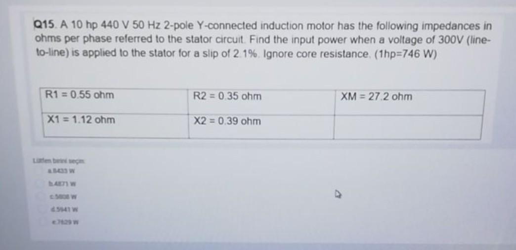 Solved Q15. A 10 hp 440 V 50 Hz 2-pole Y-connected induction | Chegg.com