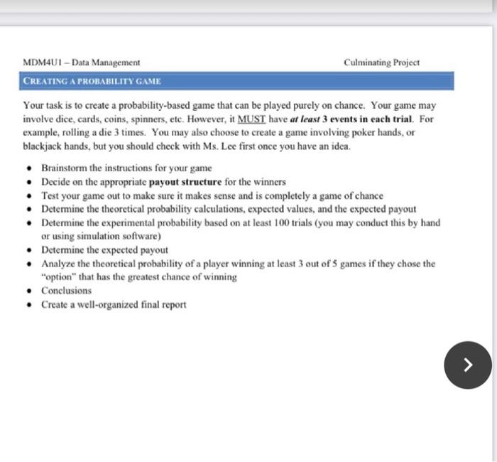 Solved MDM4U1 - Data Management Culminating Project CREATING | Chegg.com