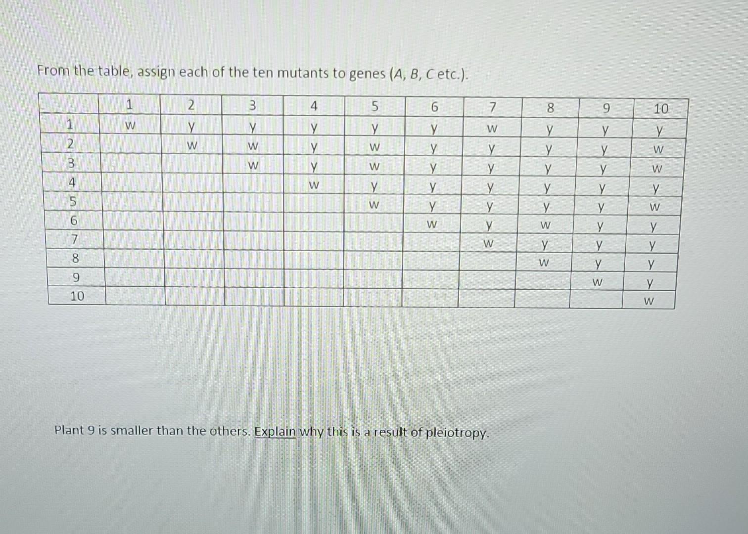 From the table, assign each of the ten mutants to genes \( (A, B, C \) etc.). Plant 9 is smaller than the others. Explain why