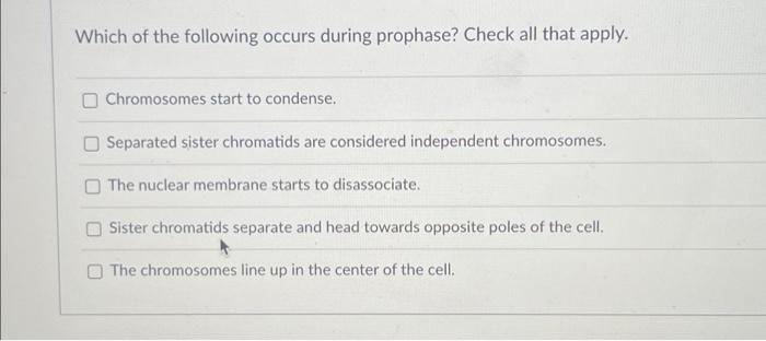 Solved Which of the following occurs during prophase? Check | Chegg.com