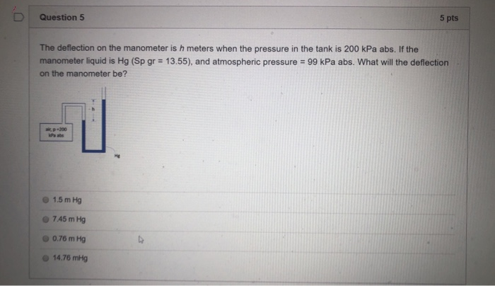Solved Question 5 5 pts The deflection on the manometer is h | Chegg.com