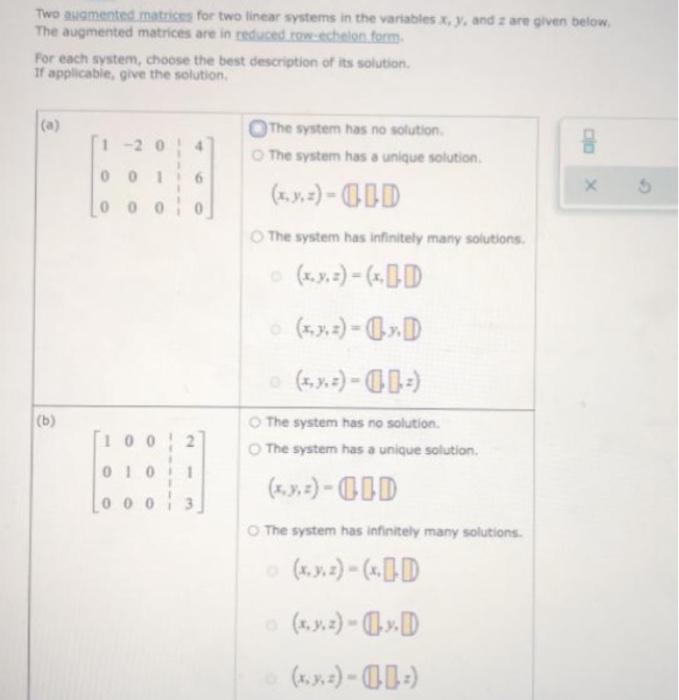 Solved Two augmented matrices for two linear systems in the | Chegg.com