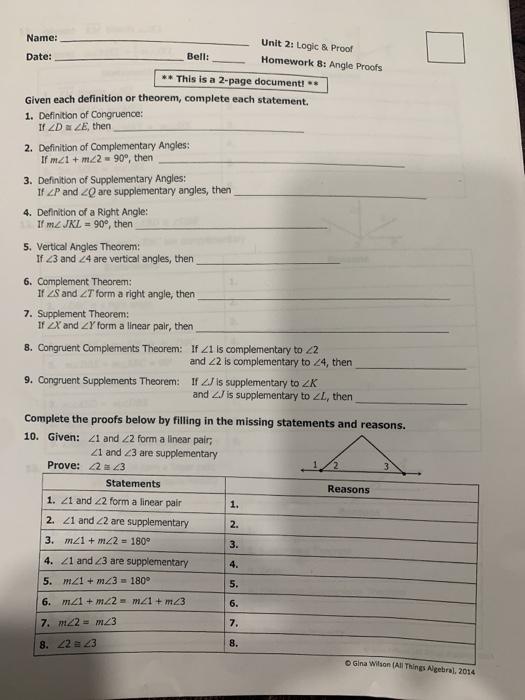 2.8 Angle Proofs Answerkey Gina Wilson : Solved Name Unit 2 Logic Proof Homework 8 Angle Proo Chegg Com