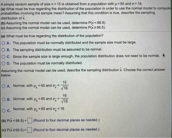 Solved A simple random sample of size n= 15 is obtained from | Chegg.com