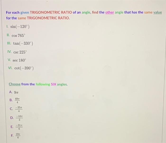 find the value of each trigonometric ratio