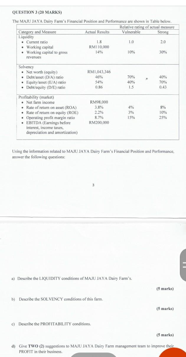 Solved Question 3 20 Marks The Maju Jaya Dairy Farm S Chegg Com