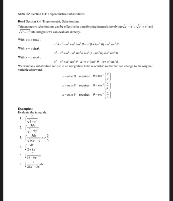 Solved Math 265 Section 8.4: Trigonometric Substitutions | Chegg.com