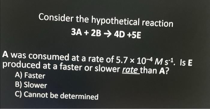 Solved Consider the hypothetical reaction 3A+2B→4D+5E A was | Chegg.com