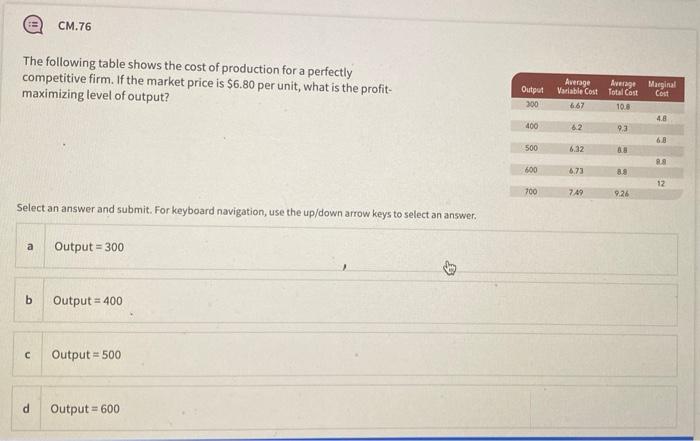 Solved CM.76 The following table shows the cost of | Chegg.com