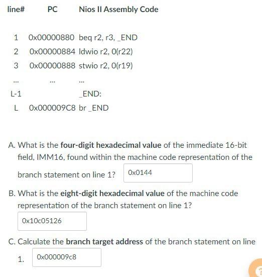 Solved Line Pc Nios Ii Assembly Code 1 Ox00000880 Beq R2