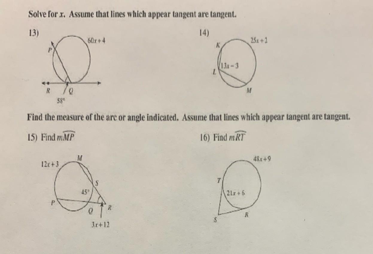 Solved Solve for x. Assume that lines which appear tangent | Chegg.com