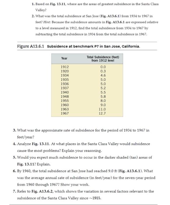 1. Based on Fig. 13.11, where are the areas of greatest subsidence in the Santa Clara
Valley?
2. What was the total subsidenc