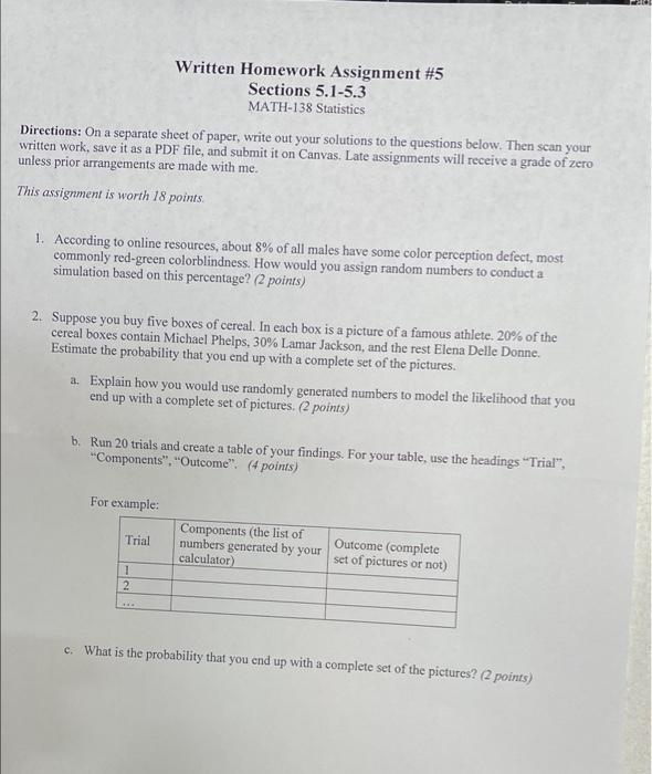 Solved Written Homework Assignment #5 Sections 5.1-5.3 | Chegg.com