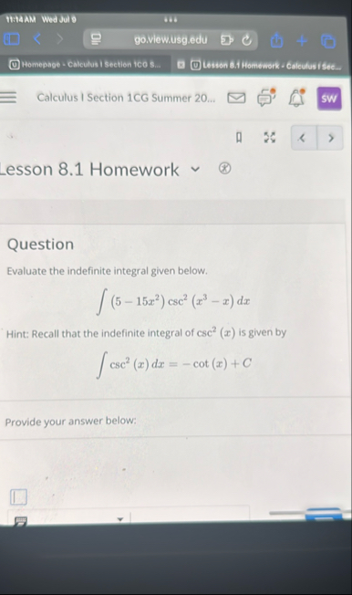 Solved Calculus I Section 1CG Summer 20...5w_esson 8.1 | Chegg.com