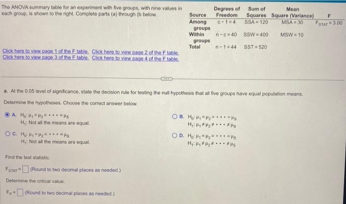 The ANOVA summary table for an experiment with five | Chegg.com