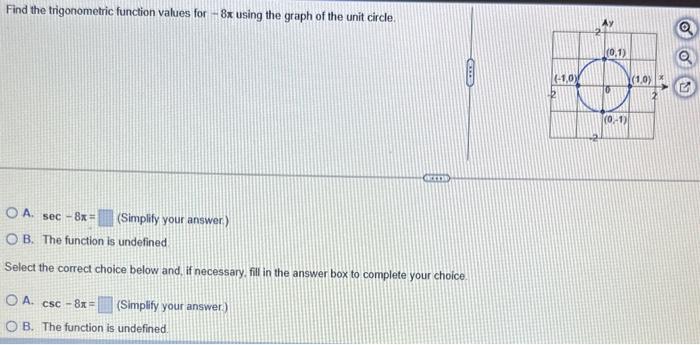Solved Find the trigonometric function values for −8π using | Chegg.com