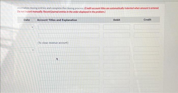 Solved Journalize closing entries and complete the closing | Chegg.com