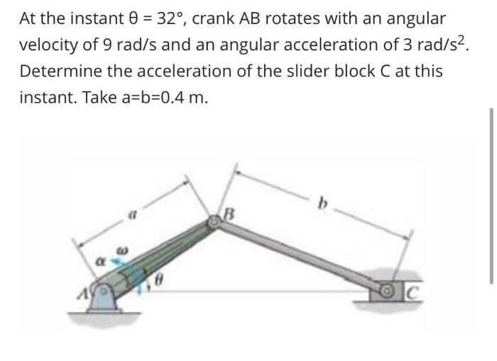 Solved At The Instant θ=32∘, Crank AB Rotates With An | Chegg.com