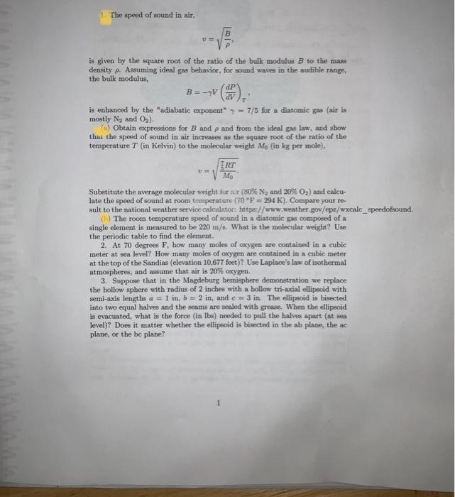 Solved The Speed Of Sound In Air, V=ρB, Is Given By The | Chegg.com