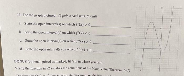 11. For the graph pictured: (2 points each part, 8 total)
a. State the open interval(s) on which \( f^{\prime}(x)>0 \)
b. Sta
