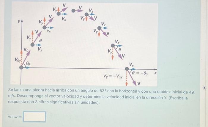 Se lanza una piedra hacia arriba con un ángulo de \( 53^{\circ} \) con la horizontal y con una rapidez inicial de 49 \( \math