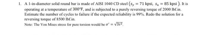 Solved 1. A l-in-diameter solid round bar is made of AISI | Chegg.com
