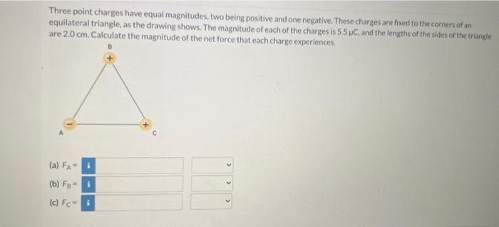 Solved Three point charges have equal magnitudes, two being | Chegg.com