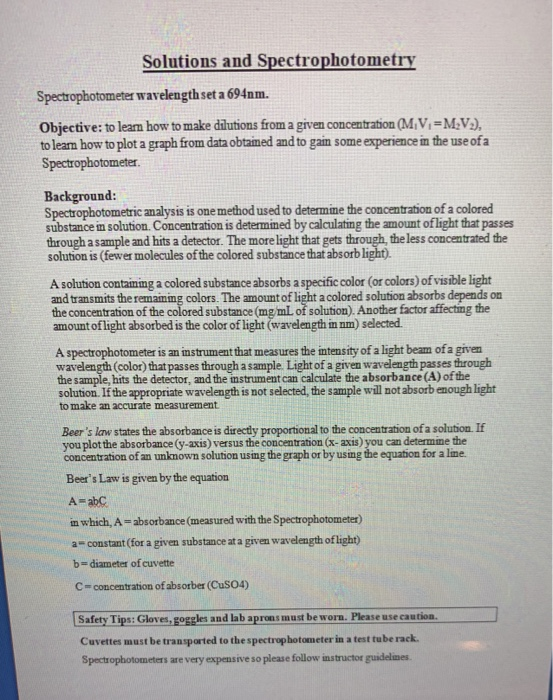 Solved Solutions and Spectrophotometry PRELAB 1. Calculate