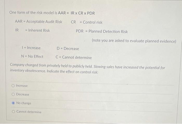 Solved One form of the risk model is AAR = IR x CRX PDR AAR | Chegg.com