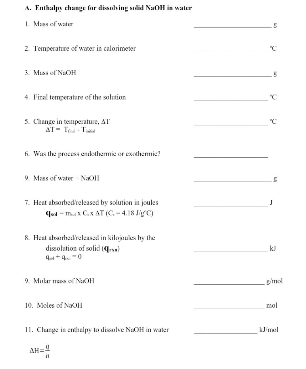 A. Enthalpy change for dissolving solid NaOH in water
