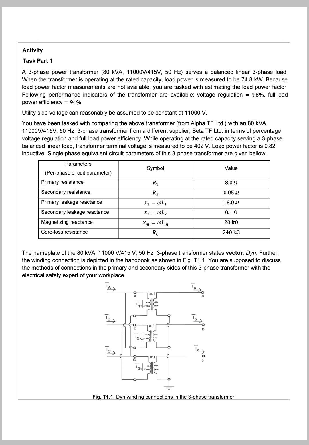 Activity Task Part 1 A 3-phase power transformer (80 | Chegg.com