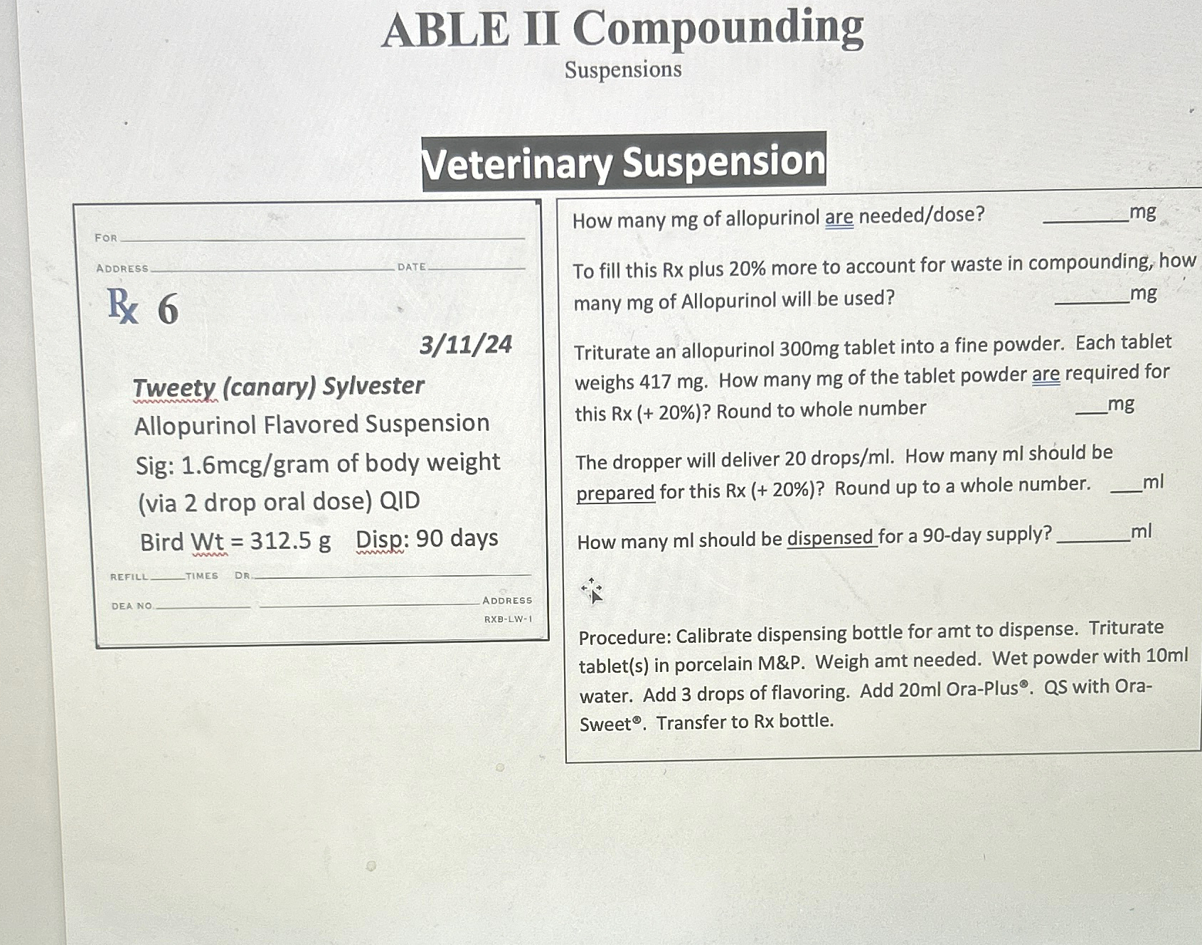 Solved ABLE II CompoundingSuspensionsVeterinary | Chegg.com