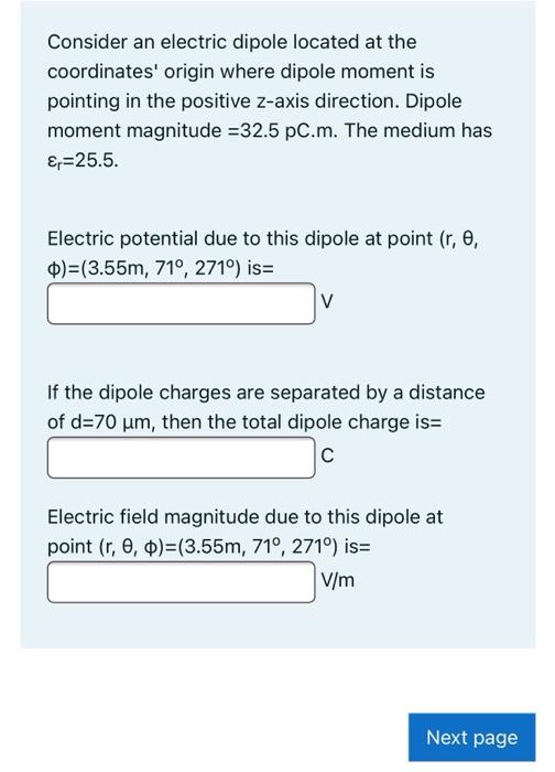 Solved Consider an electric dipole located at the | Chegg.com