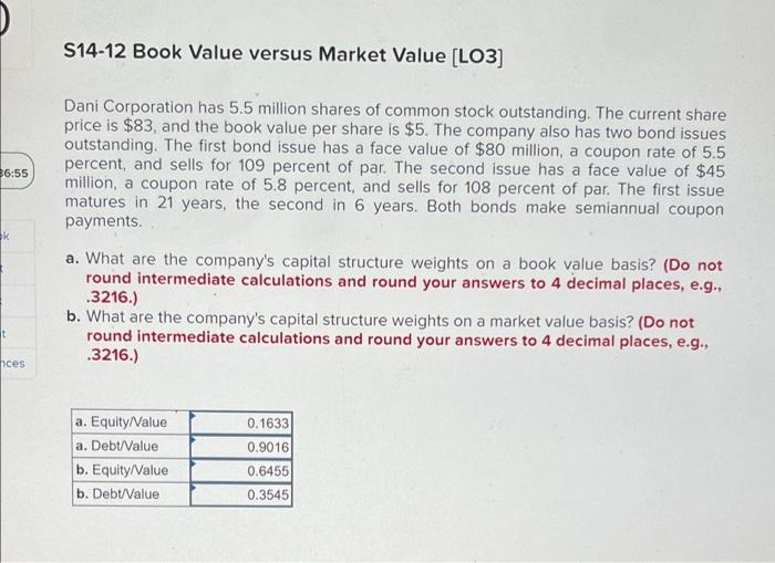 Solved S1412 Book Value versus Market Value [LO3] 3655