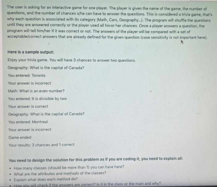 Solved The user is asking for an interactive game for one | Chegg.com