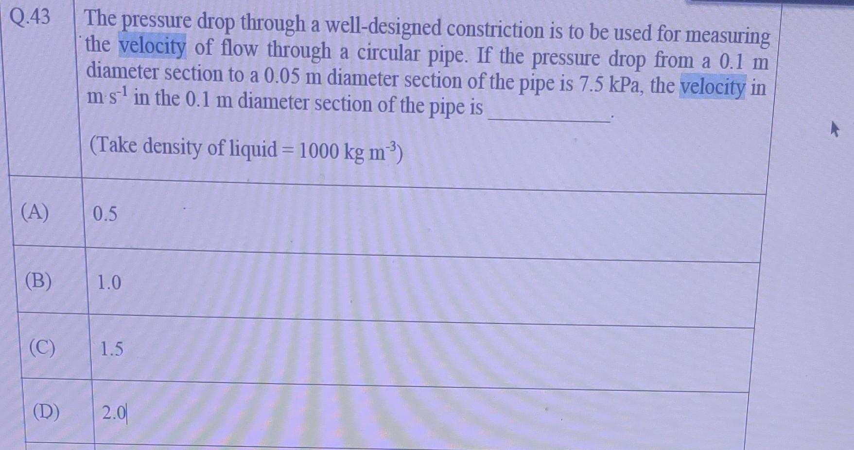Solved Q.43 The pressure drop through a well-designed | Chegg.com