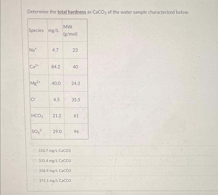 Solved Determine the total hardness as CaCO3 of the water