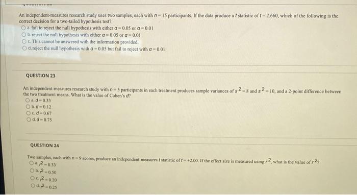 Solved In An Independent Measures Study Two Samples Each Chegg Com