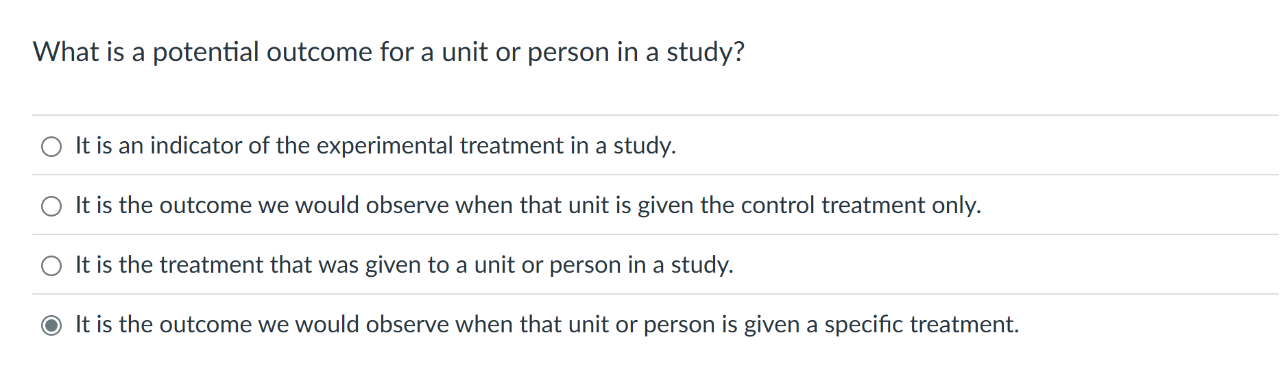 Solved What is a potential outcome for a unit or person in a | Chegg.com