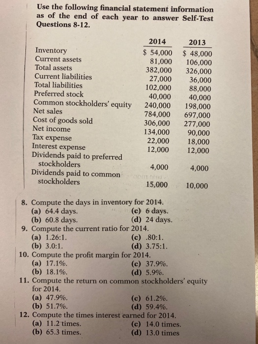 Solved Use the following financial statement information as | Chegg.com