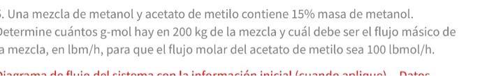 Una mezcla de metanol y acetato de metilo contiene \( 15 \% \) masa de metanol. etermine cuántos g-mol hay en \( 200 \mathrm{