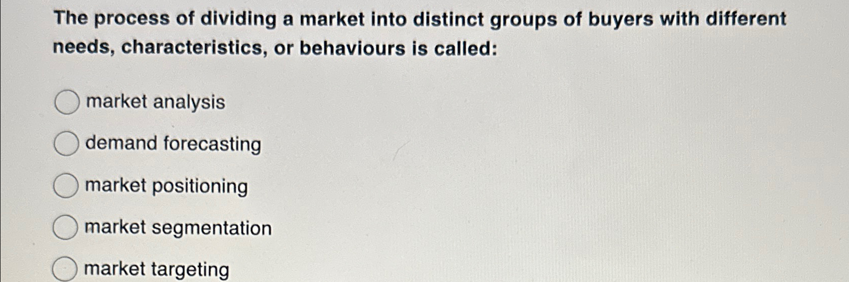 Solved The process of dividing a market into distinct groups | Chegg.com