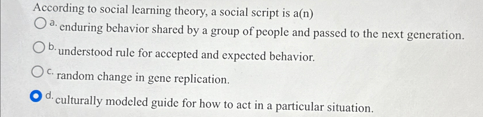 Solved According to social learning theory, a social script | Chegg.com