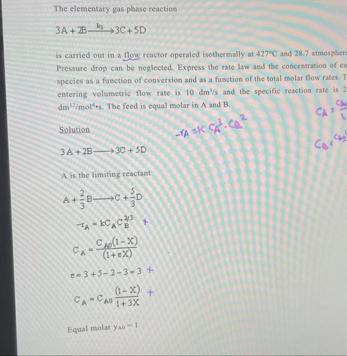 Solved The elementary gas phase reaction 3 A+2 B k13C+5D is | Chegg.com
